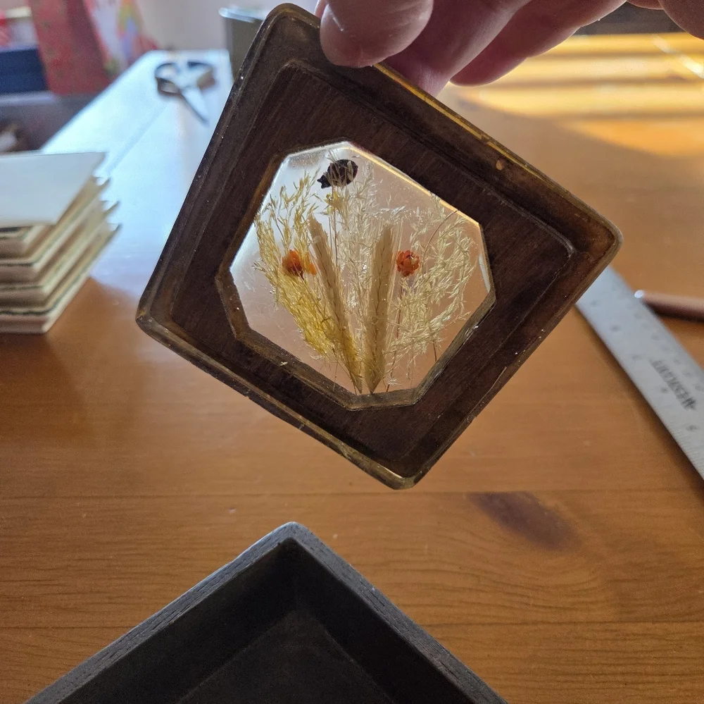 70s Wood Box With Resin Top That Has Dried Flowers And A Lady Bug